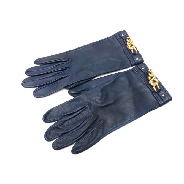 GANTS HERMES NOEUDS DORES TAILLE S 6.5 EN CUIR BLEU GLOVES BLUE LEATHER 465€