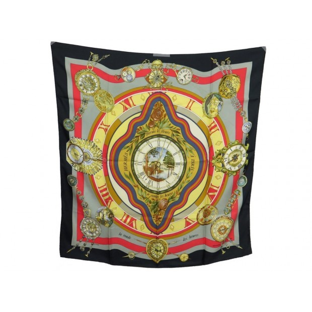 FOULARD HERMES LA RONDE DES HEURES LOIC DUBIGEON CARRE EN SOIE NOIR SCARF 350€