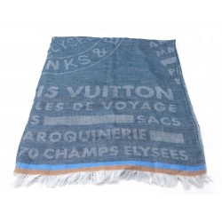 NEUF ECHARPE LOUIS VUITTON TRUNKS STAMPS M78605 CACHEMIRE SOIE BLEU SCARF 575€