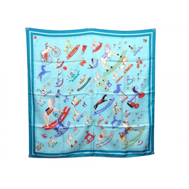 FOULARD HERMES RACONTE MOI LE CHEVAL A BASCULE CARRE SOIE BLEU SILK SCARF 345€