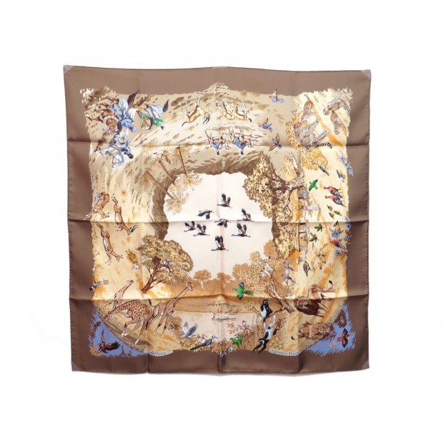 NEUF FOULARD HERMES AFRICA ROBERT DALLET CARRE EN SOIE MARRON SILK SCARF 345€