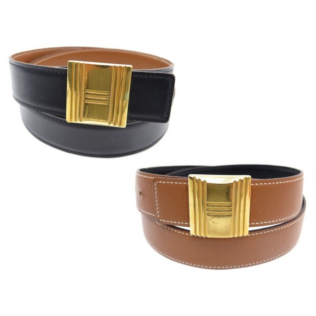 CEINTURE HERMES BOUCLE H GRAVEE T 80 87 EN CUIR TAURILLON GOLD & BOX NOIR BELT