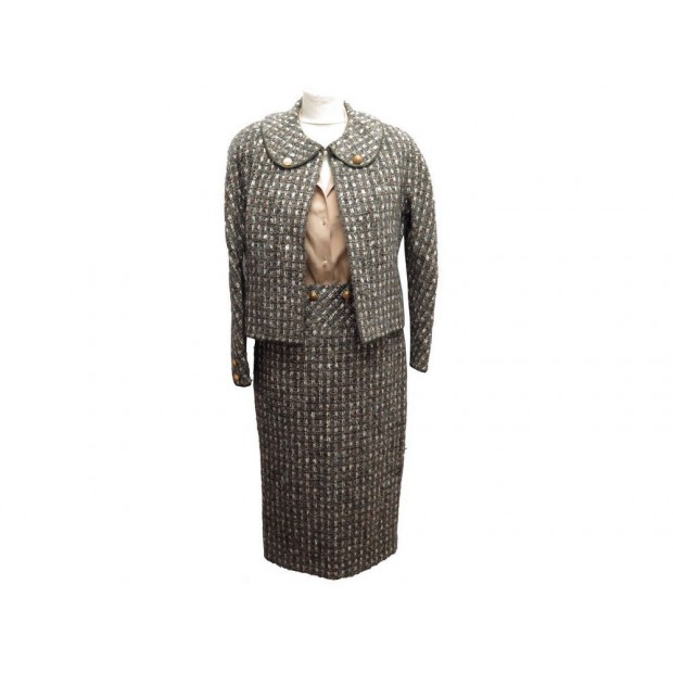 TAILLEUR CHANEL VESTE + CHEMISIER + JUPE 38 M EN TWEED GRIS MARRON BLOUSON 6500€