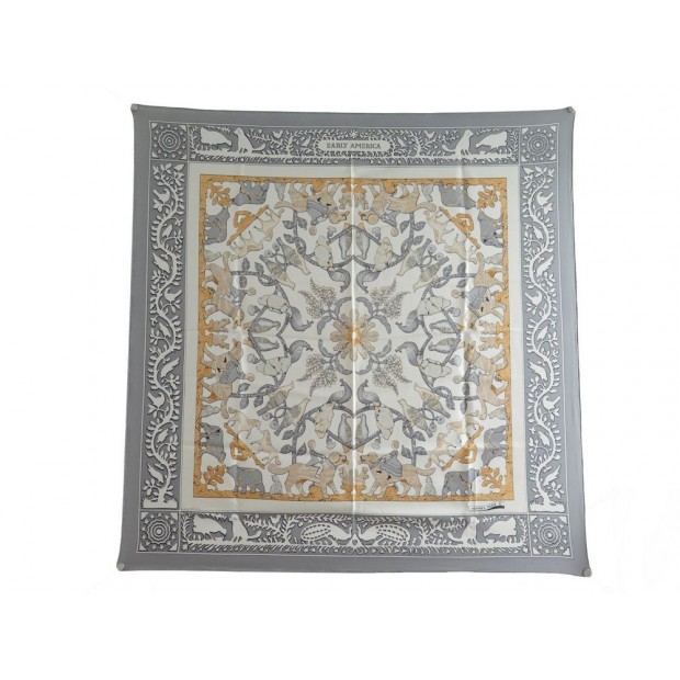 VINTAGE FOULARD HERMES EARLY AMERICA EN SOIE GRISE CARRE 90 CM SILK SCARF 350€
