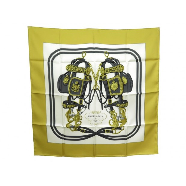 NEUF FOULARD HERMES BRIDES DE GALA EN SOIE JAUNE CARRE 90 CM SILK SCARF 350€