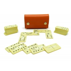 NEUF JEU DE DOMINOS HERMES DE POCHE ETUI EN CUIR LISSE ORANGE GAME LEATHER CASE