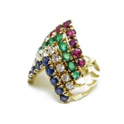 BAGUE ARTICULEE 4 RANGS DIAMANTS SAPHIRS RUBIS EMERAUDES OR JAUNE