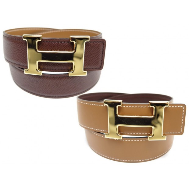 CEINTURE HERMES CONSTANCE BOUCLE DORE & CUIR REVERSIBLE NOIR & MARRON T 75 