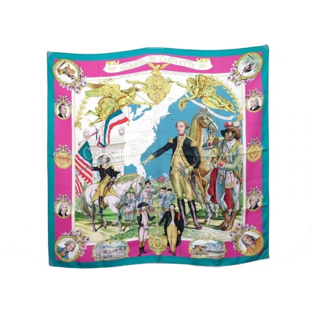 NEUF FOULARD HERMES MARQUIS DE LAFAYETTE KERMIT OLIVER CARRE EN SOIE BOITE SCARF