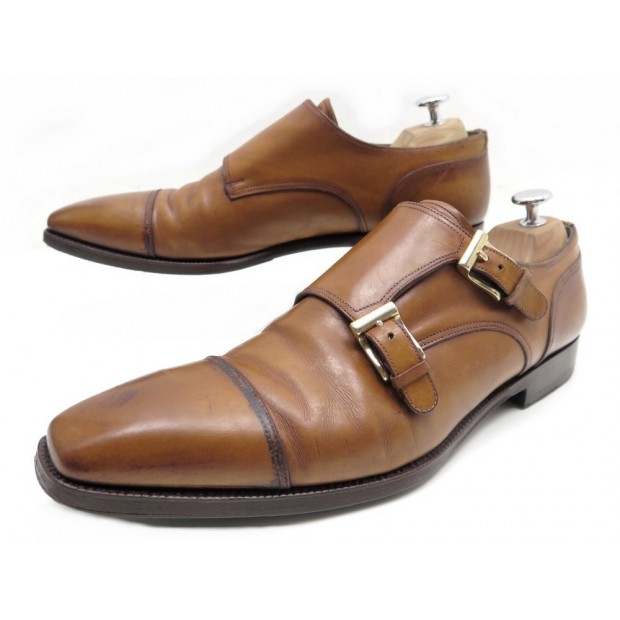 CHAUSSURES SANTONI MOCASSINS BI BOUCLES 9 43 EN CUIR MARRON LEATHER SHOES 560€