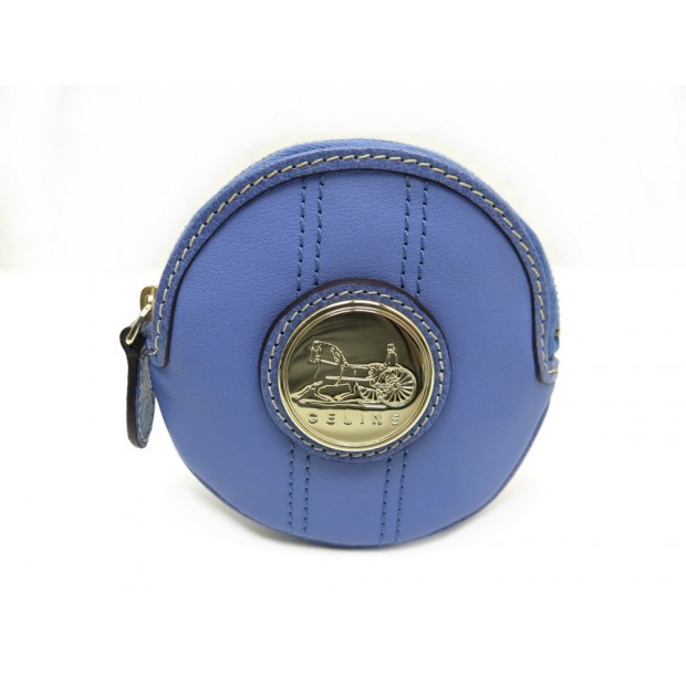 NEUF PORTE MONNAIE CELINE LOGO ROND EN CUIR BLEU WALLET CHANGE PURSE 250€