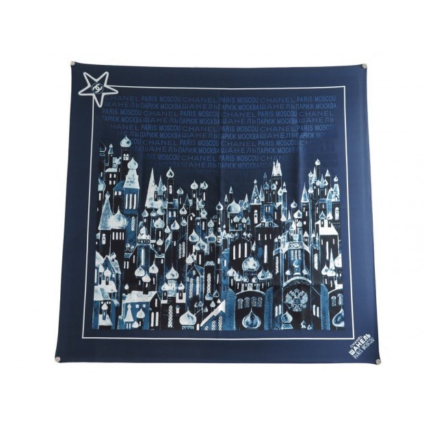 NEUF FOULARD CHANEL PARIS MOSCOU SOIE BLEUE CARRE 90 CM SILK SCARF BLUE 380€