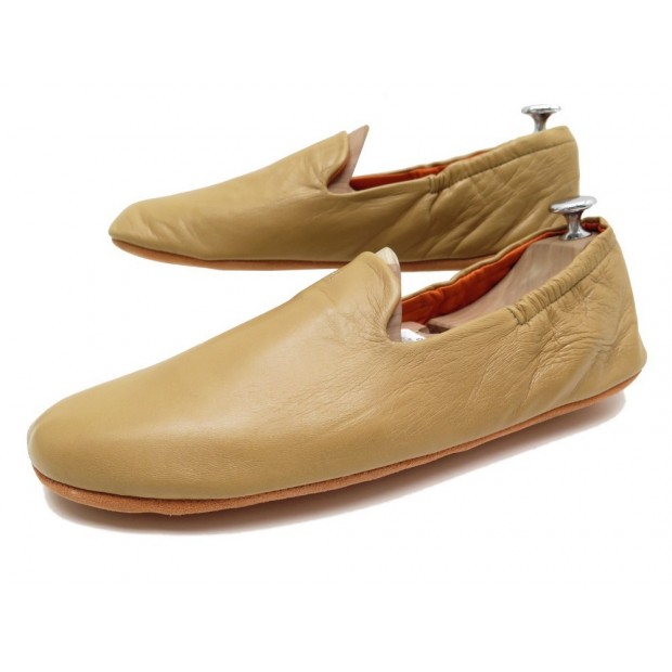 NEUF CHAUSSURES HERMES CHAUSSONS BABOUCHES EN CUIR GOLD 43 SLIPPERS SHOES 700€