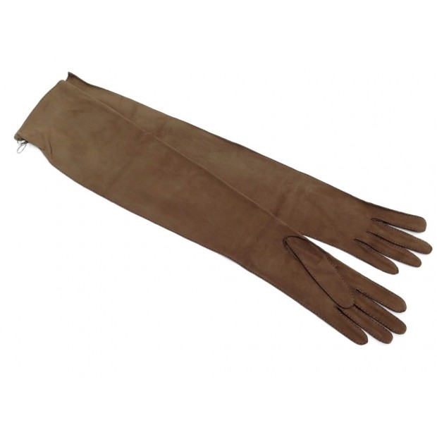 NEUF GANTS LONGS DE BRAS HERMES EN VEAU VELOURS MARRON BROWN SUEDE GLOVES 875€