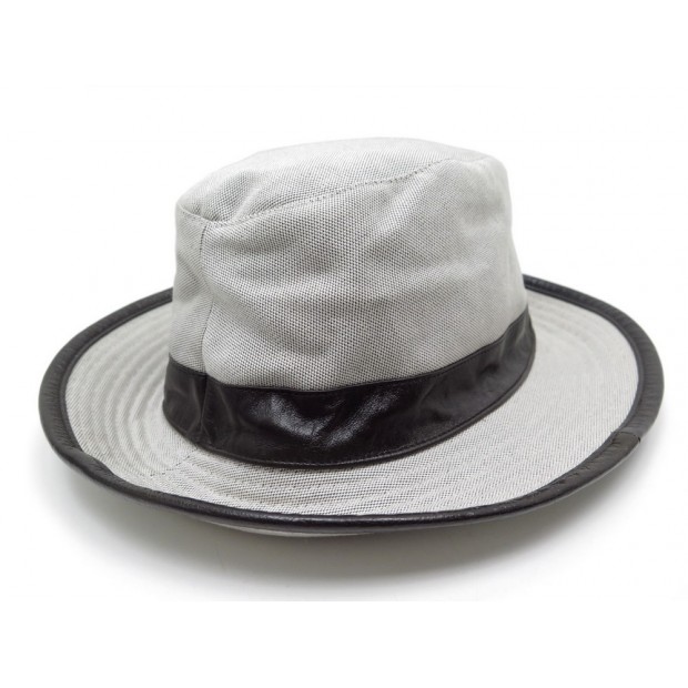 NEUF CHAPEAU HERMES EMMA EN COTON GRIS & CUIR NOIR T61 HAT COTTON & LEATHER 250€