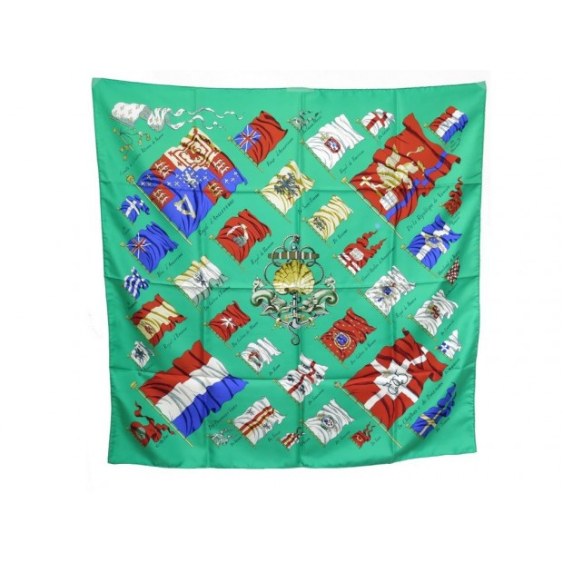 FOULARD HERMES PAVOIS 1ERE EDITION 1964 UNIQUE EN SOIE VERTE CARRE SCARF 350€