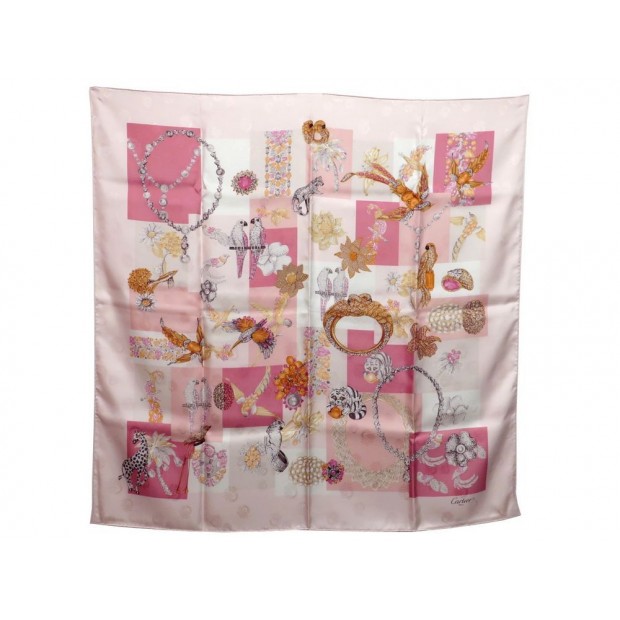 NEUF FOULARD CARTIER FAUNE ET FLORE PRECIEUSE CARRE SOIE ROSE SILK SCARF 340