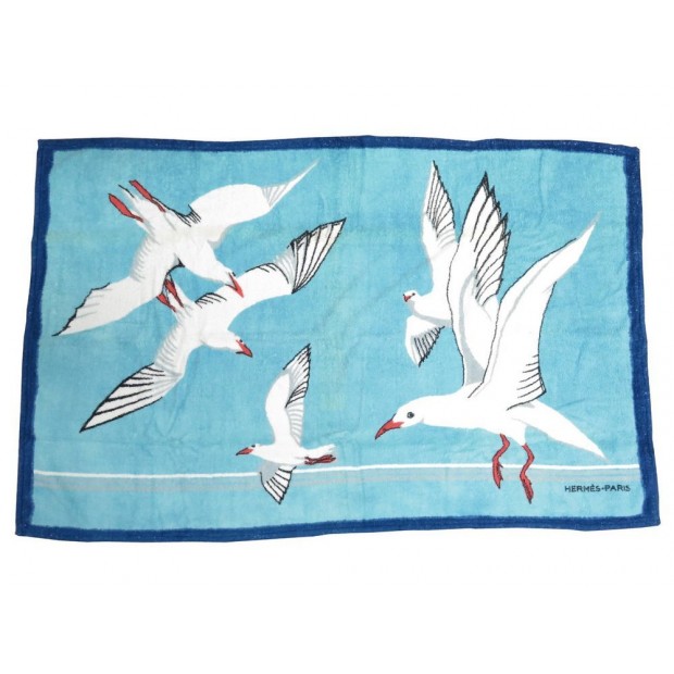 DRAP DE BAIN HERMES LES MOUETTES SERVIETTE DE PLAGE 145CM COTON BLEU TOWEL 420€