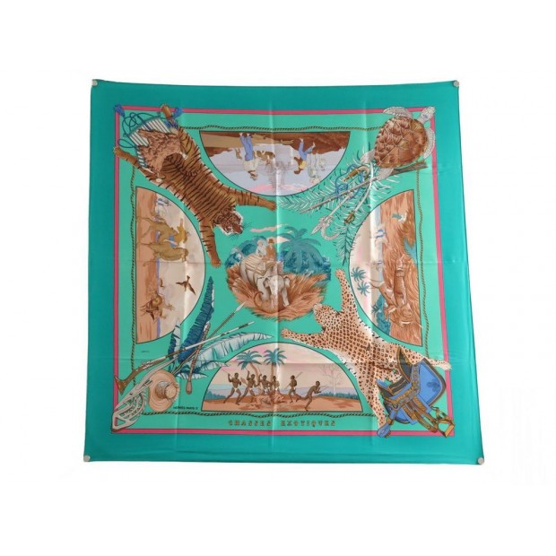 NEUF FOULARD HERMES CHASSES EXOTIQUES EN SOIE BLEUE CARRE 90 CM SILK SCARF 350€