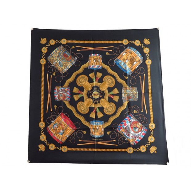 NEUF FOULARD HERMES LES TAMBOURS EN SOIE NOIRE CARRE 90 CM BLACK SILK SCARF 350€