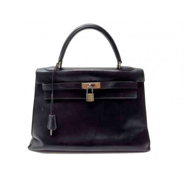 VINTAGE SAC A MAIN HERMES KELLY 33 EN CUIR BOX NOIR BLACK LEATHER HAND BAG PURSE