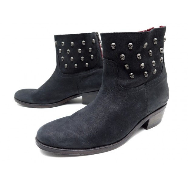 CHAUSSURES ZADIG & VOLTAIRE TEDDY TETE DE MORT 38 BOTTINES CUIR NOIR BOOTS 470€