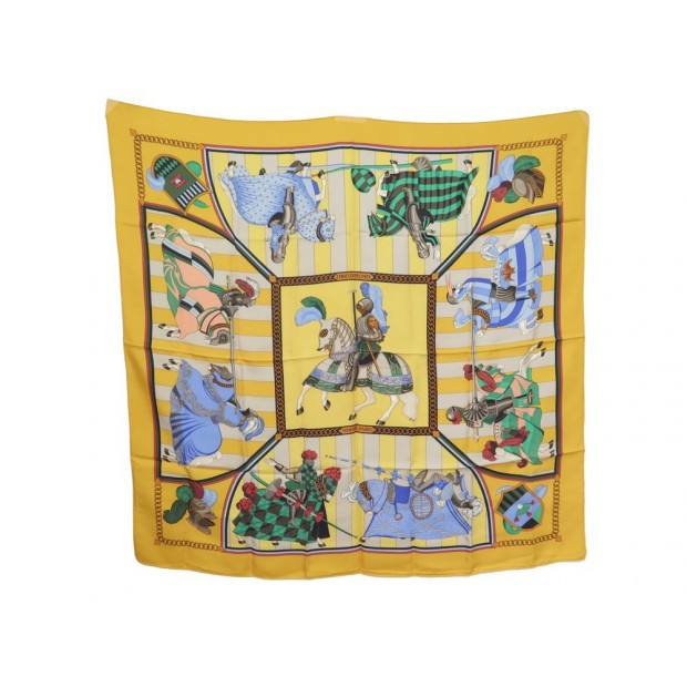 FOULARD HERMES CHOCS EN PLUMES VAUZELLES CARRE EN SOIE JAUNE SILK SCARF 