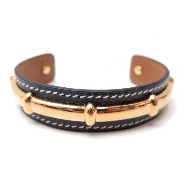 NEUF BRACELET HERMES MANCHETTE BAMBOU OSMOSE T 16 EN CUIR NOIR & METAL DORE 700€