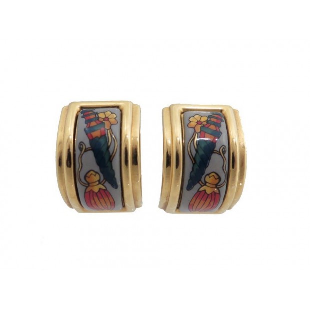 BOUCLES D'OREILLES HERMES CLIPS EN METAL DORE & EMAIL + BOITE ENAMEL EARRINGS