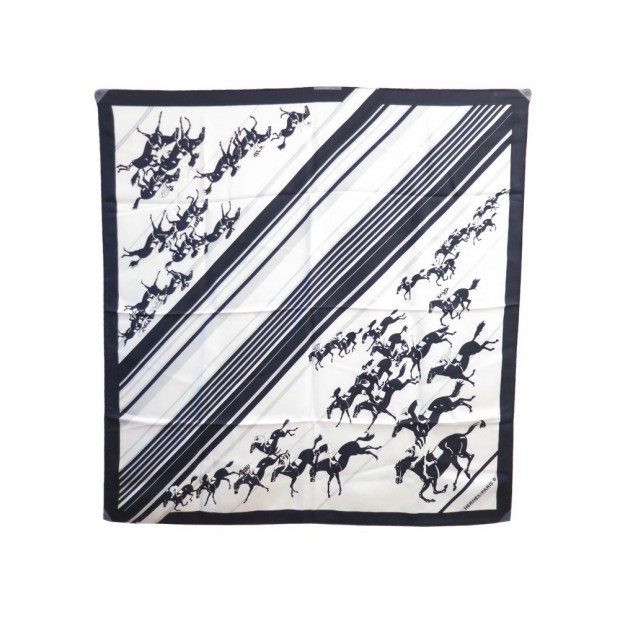 FOULARD HERMES LES COURSES GIRONIERE CARRE EN SOIE NOIR BLACK SILK SCARF 345€