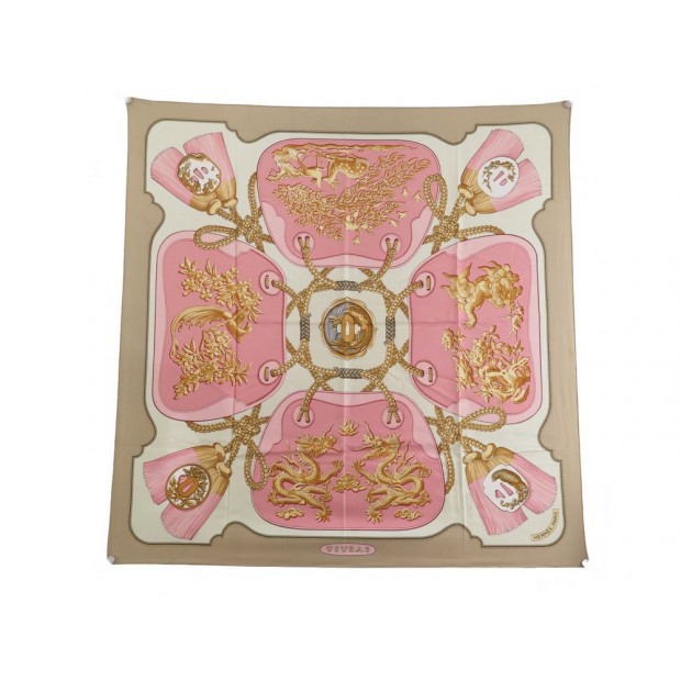 FOULARD HERMES TSUBA DRAGONS EN SOIE ROSE CARRE 90 CM SILK SCARF PINK 360€