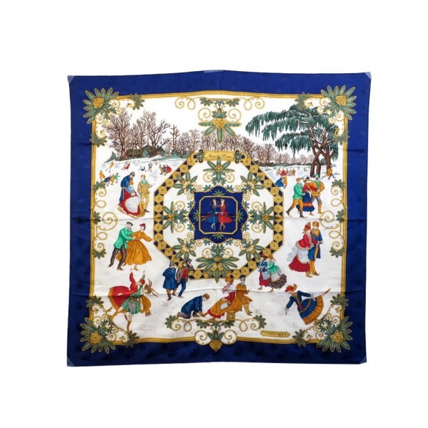 FOULARD HERMES JOIES D'HIVER JOACHIM METZ CARRE SOIE JACQUARD BLEU SCARF 350€