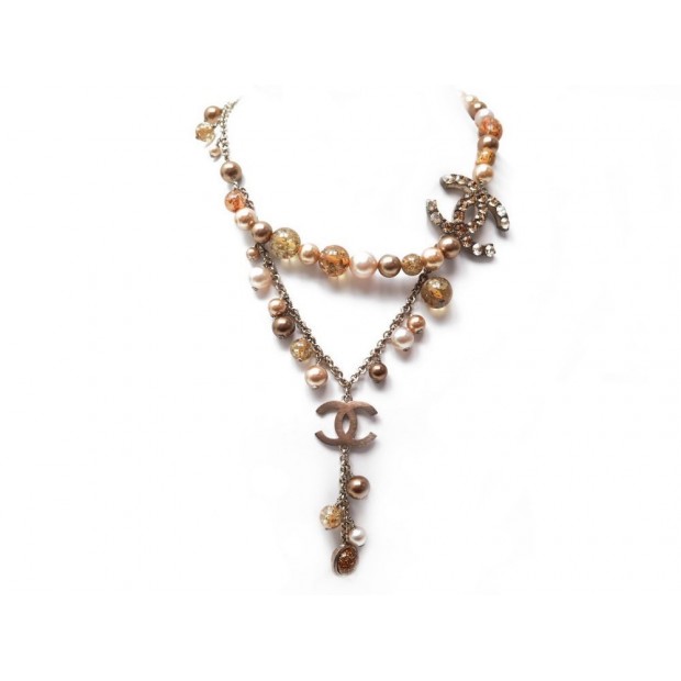 NEUF COLLIER CHANEL AVEC PERLES AMBRE & LOGO CC STRASS ORANGE NECKLACE 1590€